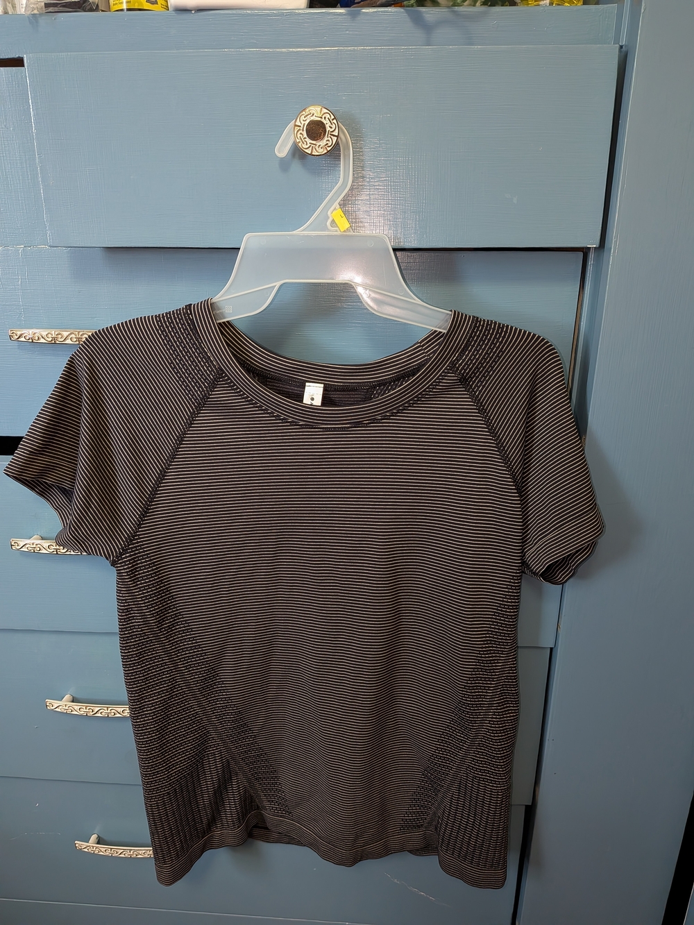 Athleta Black and White Microstripe Short Sleeve Tee
